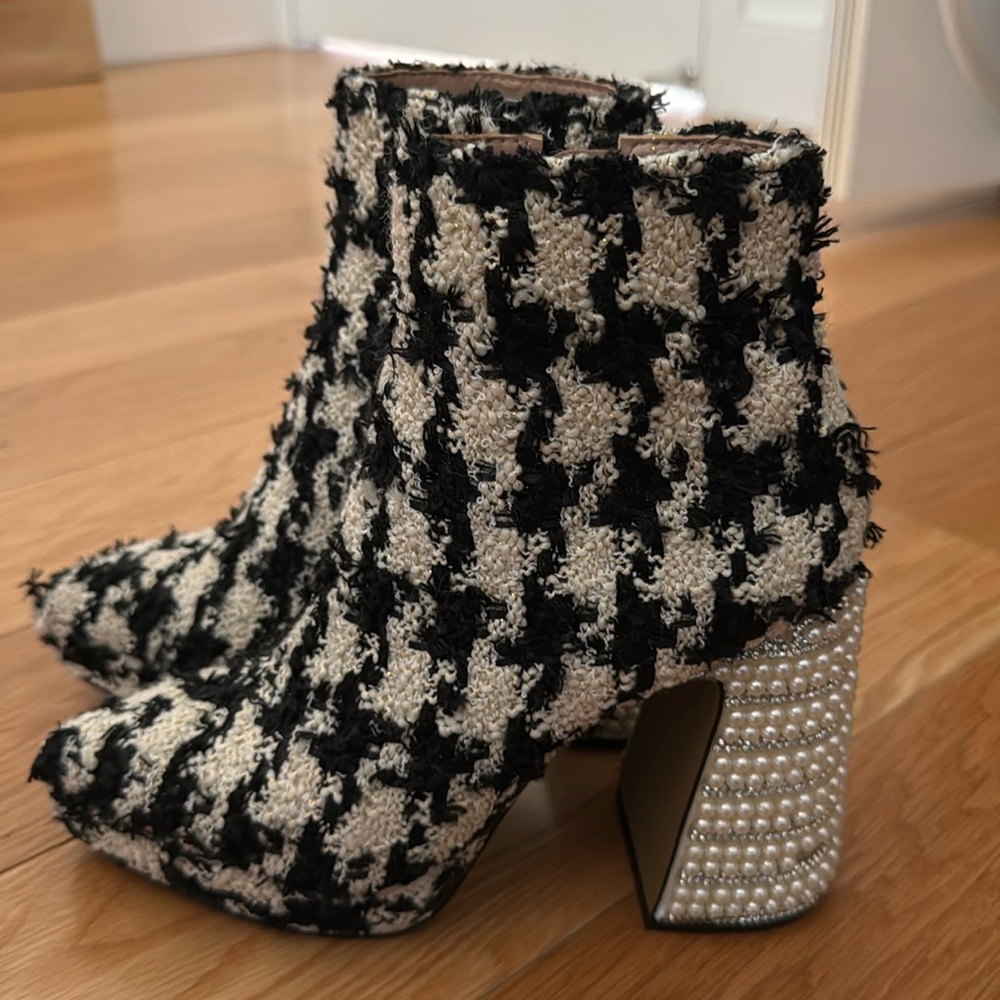 stylish houndstooth ankle boots with pearled heels